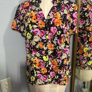 Dana Buchman Black Floral Button-Front Blouse with Pink Orange Neon Accents